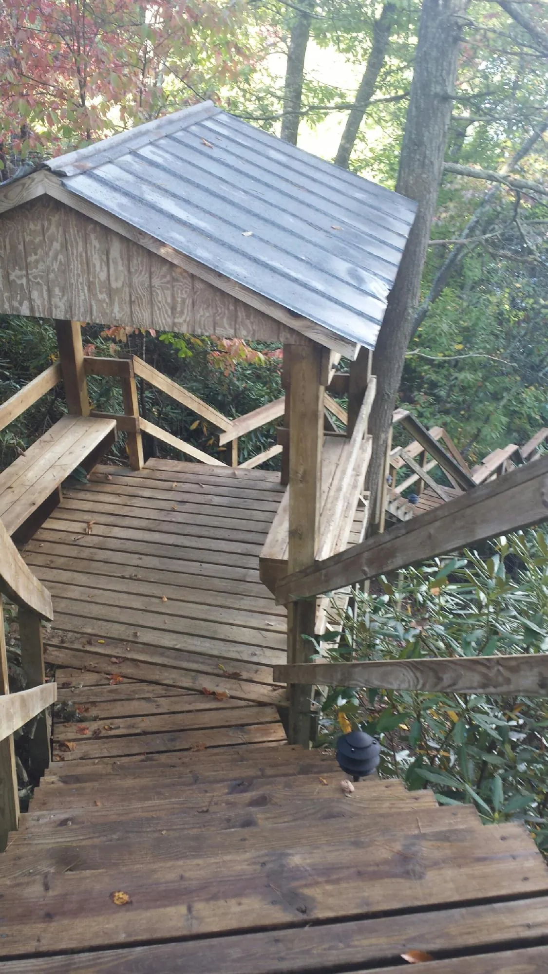 Metal roofed shelter over wooden steps on a wooded walkway — Skylight Repair & Installation work by our crew in Haywood